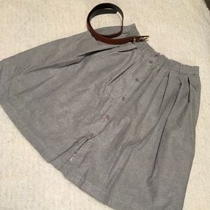 Gray Mid-Length Button Front Skirt with Brown Belt